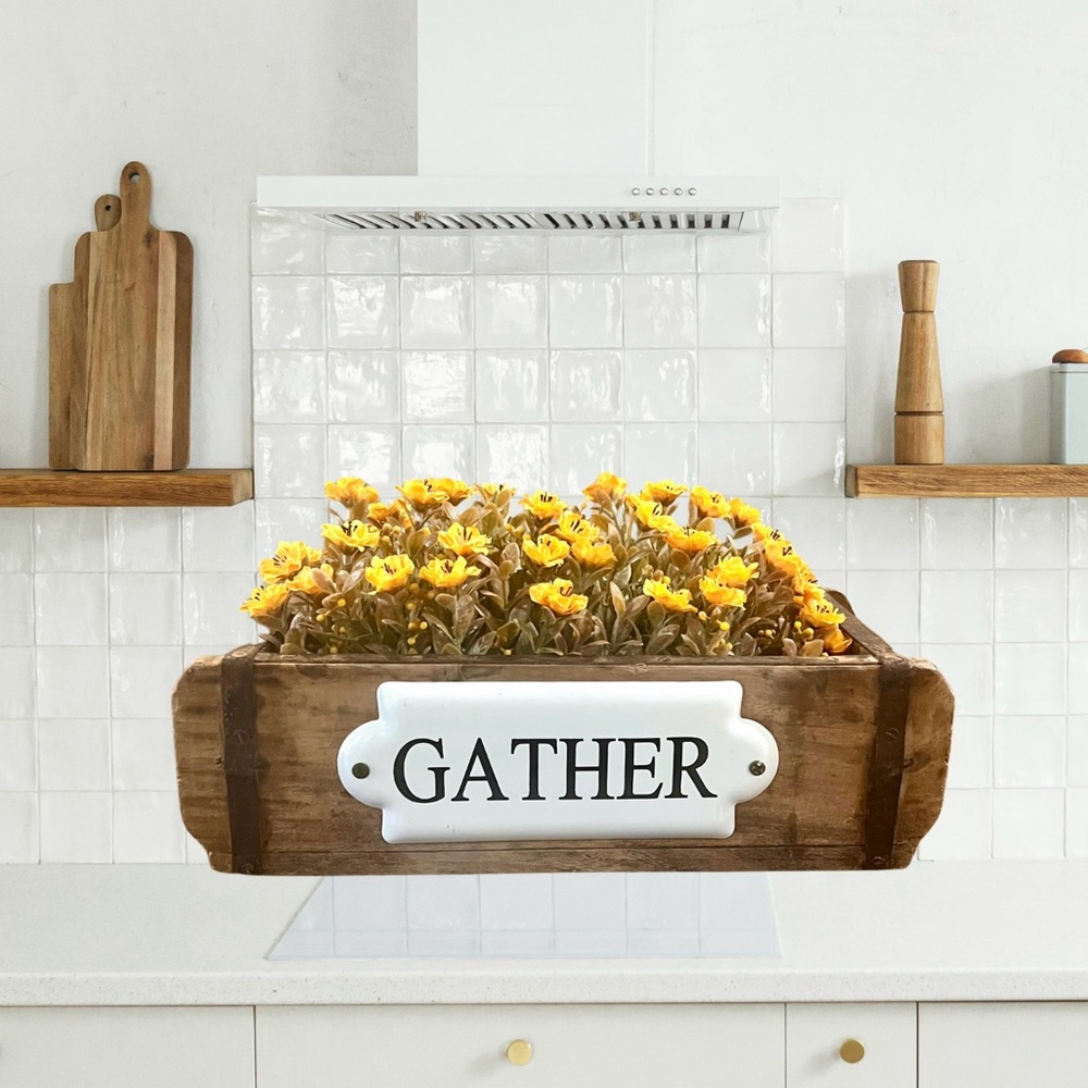 Farmhouse Antique Brick
Mold Tray with Gather Sign on it (greenery not included)